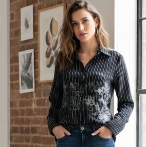 San Francisco Black Pinstripe Blouse –modern Floral Print-Boho Chic Style-size S